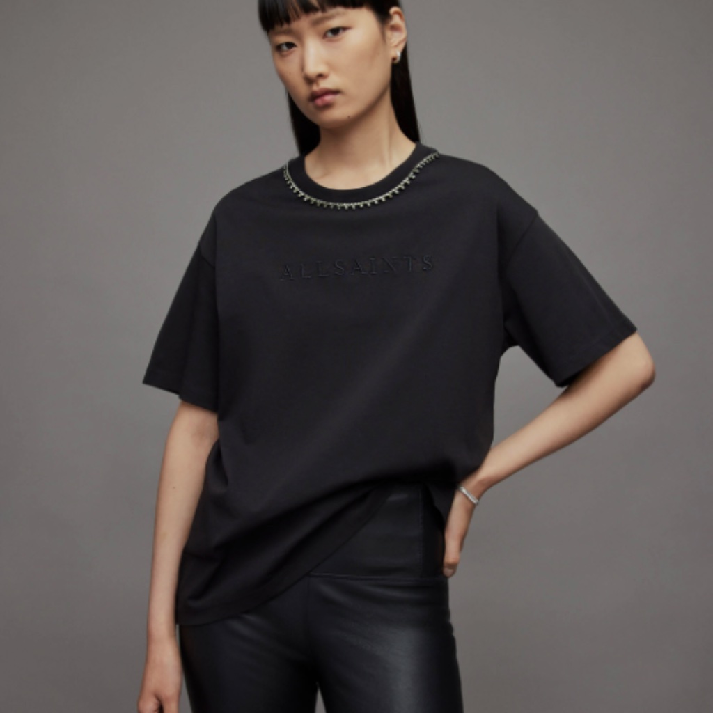 Allsaints Pippa Diamante Boyfriend Black T-Shirt Xs